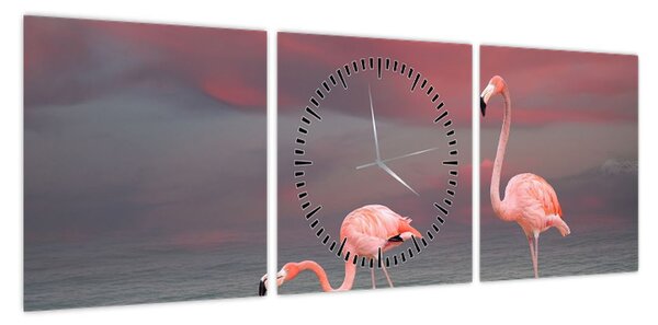 Obraz flamingów (z zegarem) (90x30 cm)