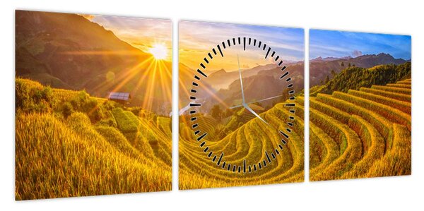 Obraz - Pole ryżowe w Wietnamie (z zegarem) (90x30 cm)