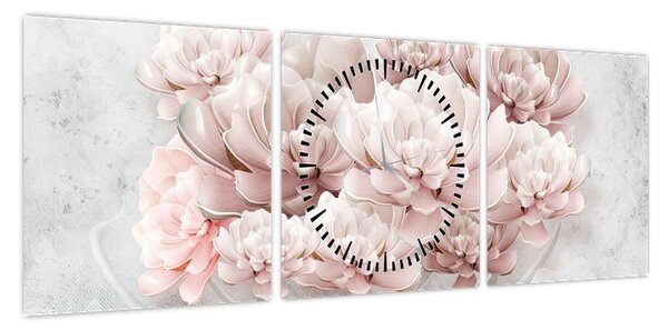 Obraz - Różowe kwiaty na ścianie (z zegarem) (90x30 cm)
