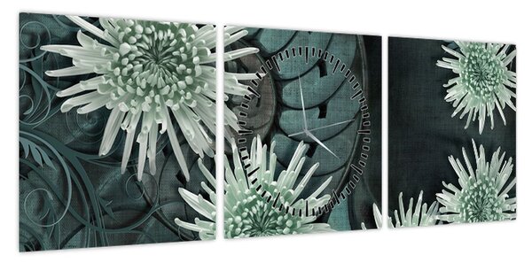 Obraz - Zielone kwiaty (z zegarem) (90x30 cm)