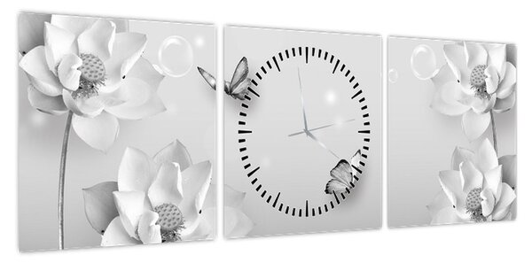 Obraz - Kwiatowy wzór z motylkami (z zegarem) (90x30 cm)