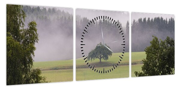 Obraz łąki z drzewem (z zegarem) (90x30 cm)