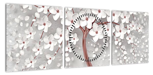 Obraz - Obraz białego drzewa z kwiatami, rosegold (z zegarem) (90x30 cm)