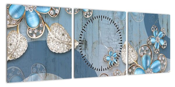 Obraz - Niebieskie kwiaty (z zegarem) (90x30 cm)