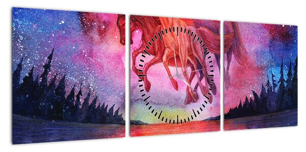 Obraz - Pojawienie się kosmicznych koni nad jeziorem, akwarela (z zegarem) (90x30 cm)