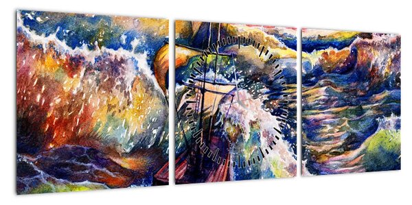 Obraz - Statek na falach oceanu, akwarela (z zegarem) (90x30 cm)