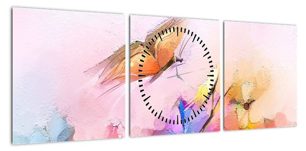 Obraz - Motyl nad kwiatem, abstrakcja (z zegarem) (90x30 cm)