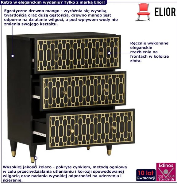 Czarna drewniana komoda retro z 3 szufladami C3-H19