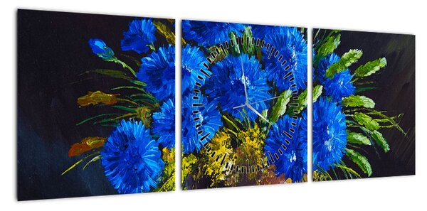 Obraz niebieskich kwiatów w wazonie (z zegarem) (90x30 cm)