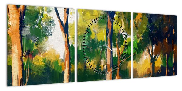 Obraz lasu w letnim słońcu, malarstwo (z zegarem) (90x30 cm)