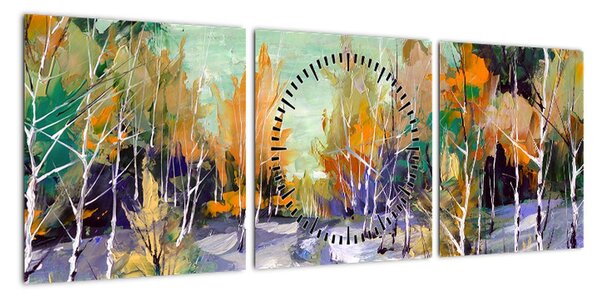 Obraz - Zaśnieżona ścieżka przez las, obraz olejny (z zegarem) (90x30 cm)