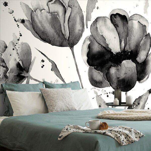 Samoprzylepna tapeta czarno-białe tulipany w ciekawym wzorze