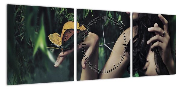 Obraz pełnej wdzięku kobiety z motylem (z zegarem) (90x30 cm)