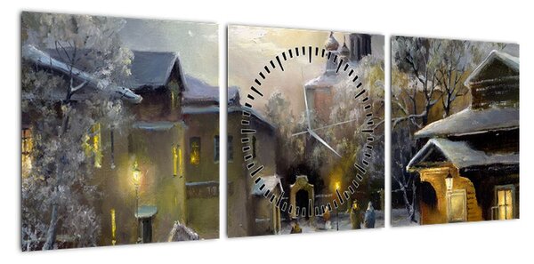 Obraz - Zimowa wioska (z zegarem) (90x30 cm)