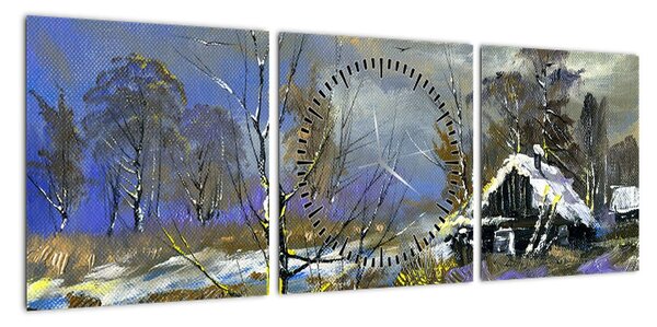 Obraz chaty w zimowym krajobrazie, obraz olejny (z zegarem) (90x30 cm)