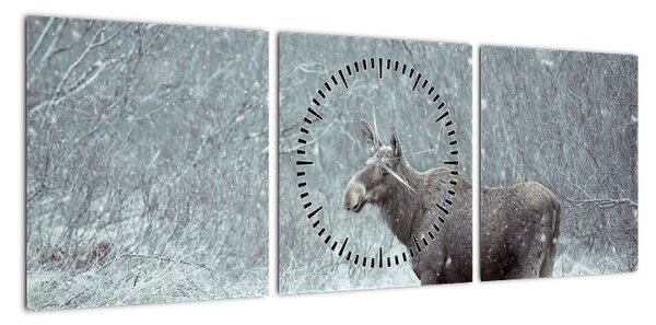 Obraz - Łoś w śnieżnym lesie (z zegarem) (90x30 cm)