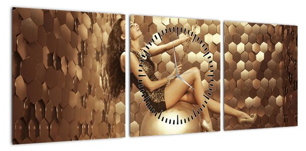 Obraz kobiety w złotym pokoju (z zegarem) (90x30 cm)