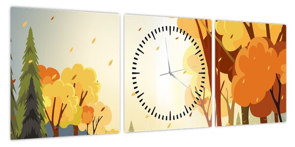 Obraz - Jesienny krajobraz, ilustracja (z zegarem) (90x30 cm)