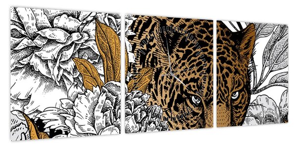 Obraz - Lampart pośród kwiatów (z zegarem) (90x30 cm)