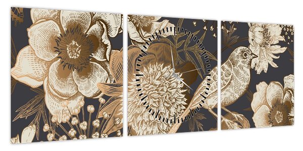 Obraz złotych kwiatów na ciemnym tle (z zegarem) (90x30 cm)