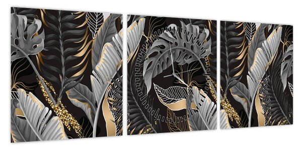 Obraz - Tropikalne liście w kolorze czarno - złotym (z zegarem) (90x30 cm)