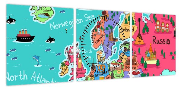 Obraz - Dziecięca mapa Europy (z zegarem) (90x30 cm)