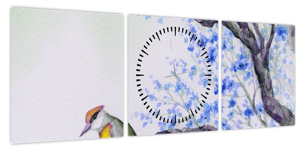 Obraz - ptak na drzewie z niebieskimi kwiatami (z zegarem) (90x30 cm)