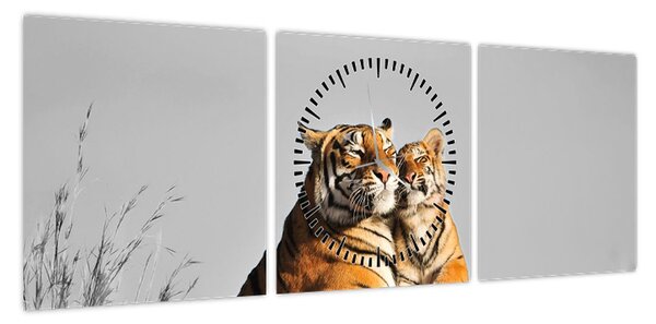 Obraz - Tygrysica i jej młode, wersja czarno - biała (z zegarem) (90x30 cm)