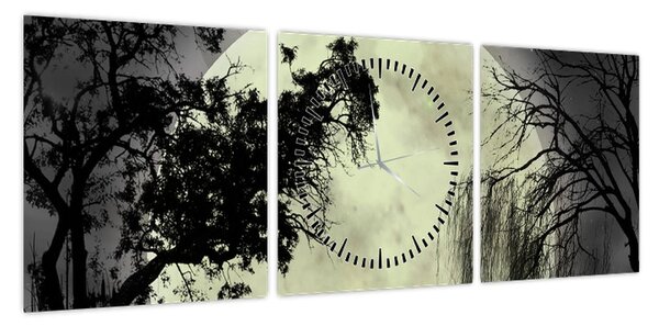 Obraz - Księżyc w pełni nad powierzchnią, wersja czarno - biała (z zegarem) (90x30 cm)
