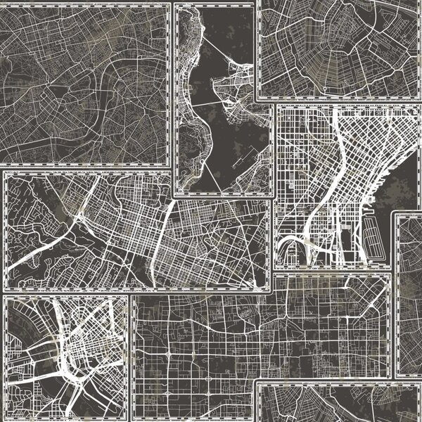 Noordwand Urban Friends & Coffee Tapeta w mapy miast, czarno-szara