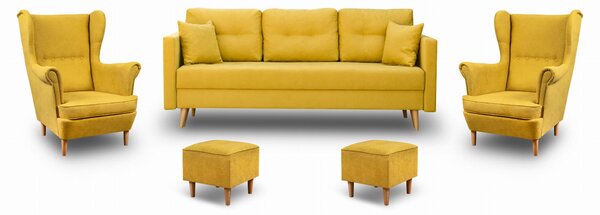 Komplet wypoczynkowy skandynawski do salonu sofa + 2 fotele z podnóżkami Żółty