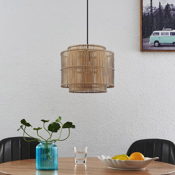 Lampa wisząca Bridga Lindby, możliwość ściemniania, jasne drewno, salon / jadalnia, bambus, skandynawski