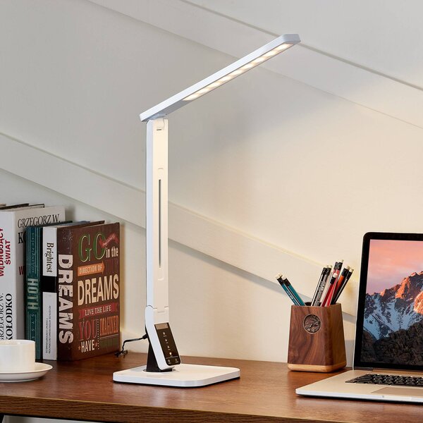 Lampa stołowa LED Eleni Lindby, możliwość ściemniania, biały / opal, biuro, tworzywo sztuczne, nowoczesny