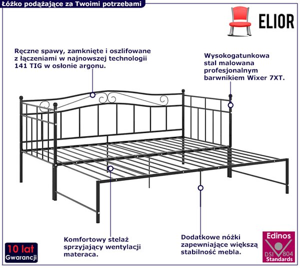 Czarne metalowe łóżko rozkładane 90x200 cm F5-E63