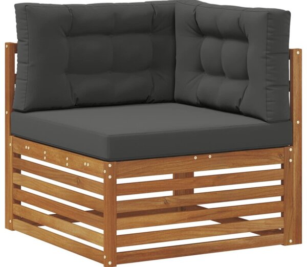 Nowoczesna sofa narożna z litego drewna akacjowego z antracytowymi poduszkami
