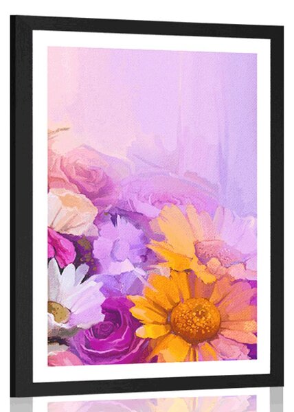 Plakat z passe-partout obraz olejny kolorowych kwiatów