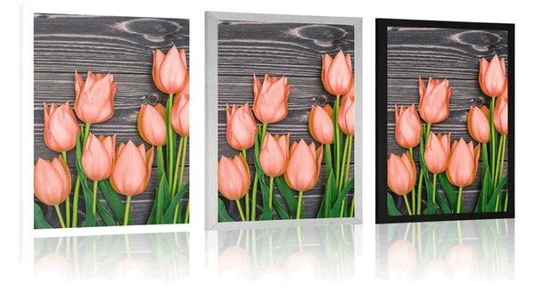 Plakat pomarańczowe tulipany na drewnianym tle