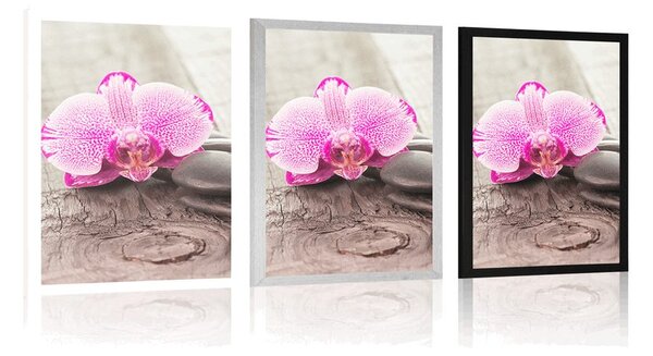 Plakat z passe-partout orchidea i kamienie Zen na drewnianym tle