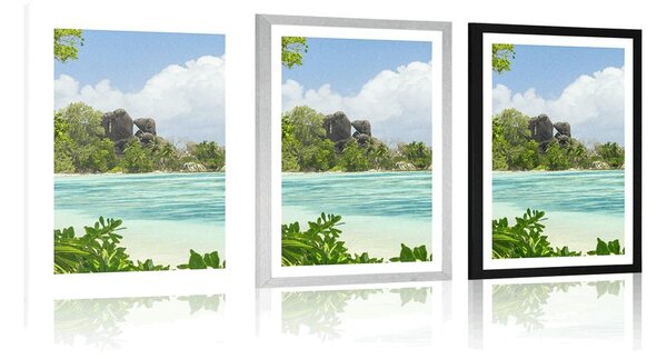 Plakat z passe-partout piękna plaża na wyspie La Digue