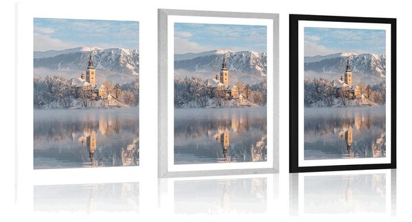 Plakat z passe-partout kościół nad jeziorem Bled w Słowenii