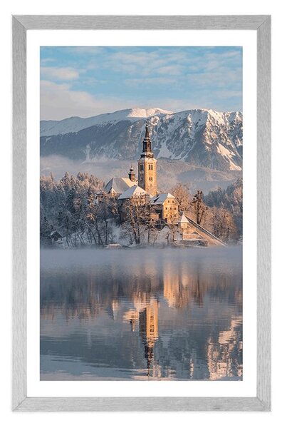 Plakat z passe-partout kościół nad jeziorem Bled w Słowenii