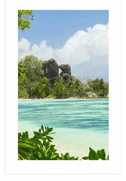 Plakat z passe-partout piękna plaża na wyspie La Digue