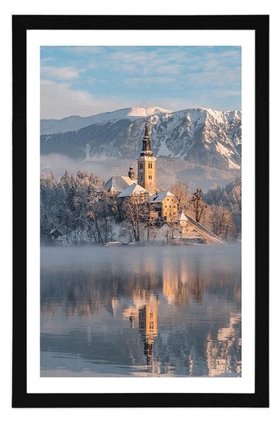 Plakat z passe-partout kościół nad jeziorem Bled w Słowenii