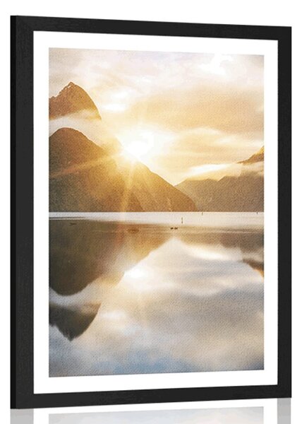Plakat z passe-partout piękny wschód słońca w Nowej Zelandii