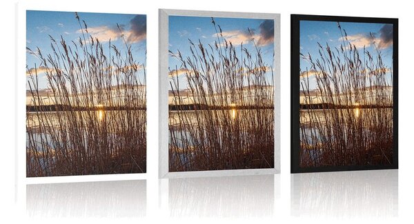 Plakat spokojna rzeka w pobliżu wioski