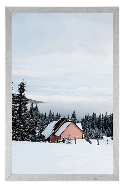 Plakat domek w zaśnieżonej naturze