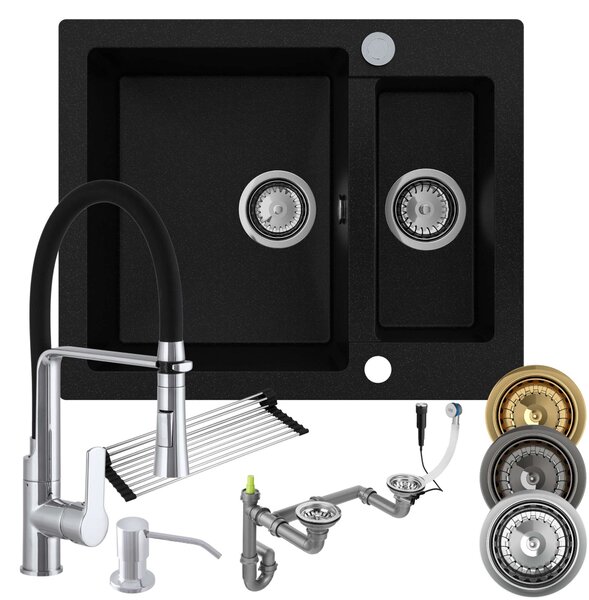 Zlewozmywak czarny granitowy 1,5 komorowy wpuszczany + akcesoria | Sink Quality