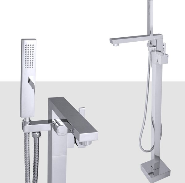 Srebrna bateria wannowa wysoka wolnostojąca - z wężem 150 cm | mosiężna