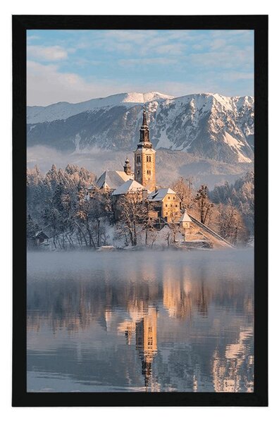 Plakat kościół nad jeziorem Bled w Słowenii