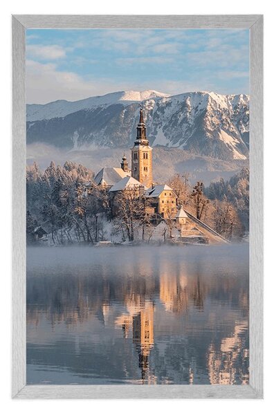 Plakat kościół nad jeziorem Bled w Słowenii